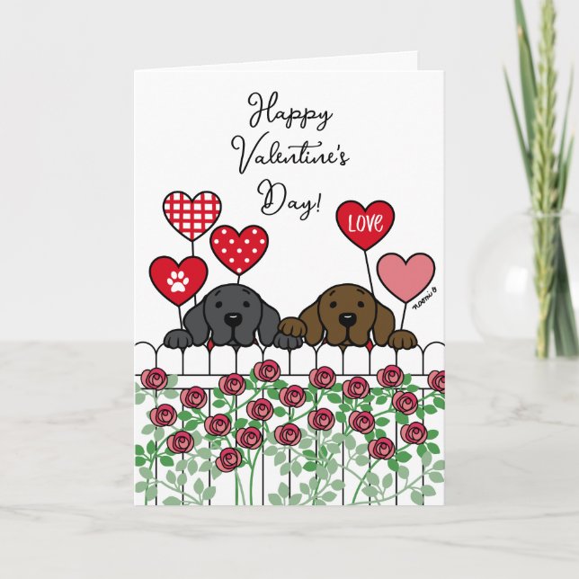 Two Labradors Watching Cartoon Roses Valentine Holiday Card (Front)