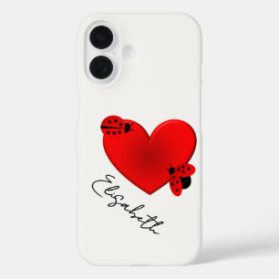 Two ladybugs on a Red Heart & Your Name iPhone 16 Case