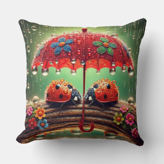 Two Ladybugs Under a Decorative Umbrella Cushion (Front)