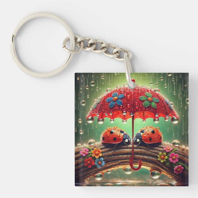 Two Ladybugs Under a Decorative Umbrella Key Ring (Front)