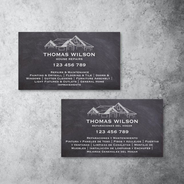 Two Languages Construction Handyman Carpenter Business Card (white roof house on chalk background)
