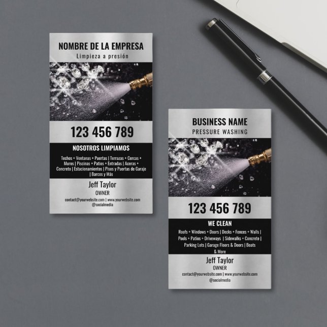 Two Languages Pressure Washing Power Washing Roof Business Card (wash pressure machine with diamonds in the water splash)