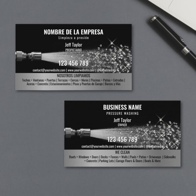 Two Languages Pressure Washing Power Washing Roof Business Card (A water hose spraying out diamonds instead of water, against a black background, high-resolution pho)