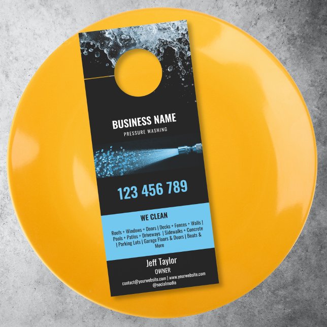 Two Languages Pressure Washing Power Washing Roof Door Hanger (blue hose with water and diamonds)