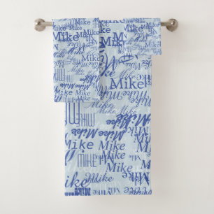 Two Layers (2-tone of blue) Stamped Names all-over Bath Towel Set
