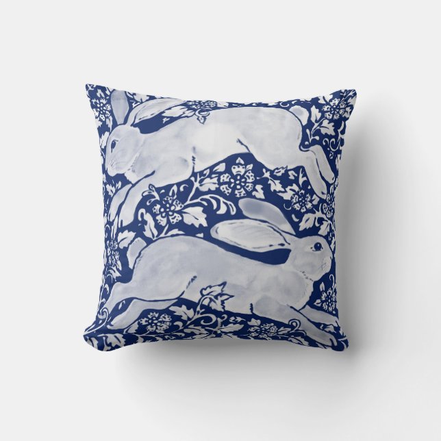Two Leaping Rabbits Hares Blue Floral Pattern Cushion (Front)