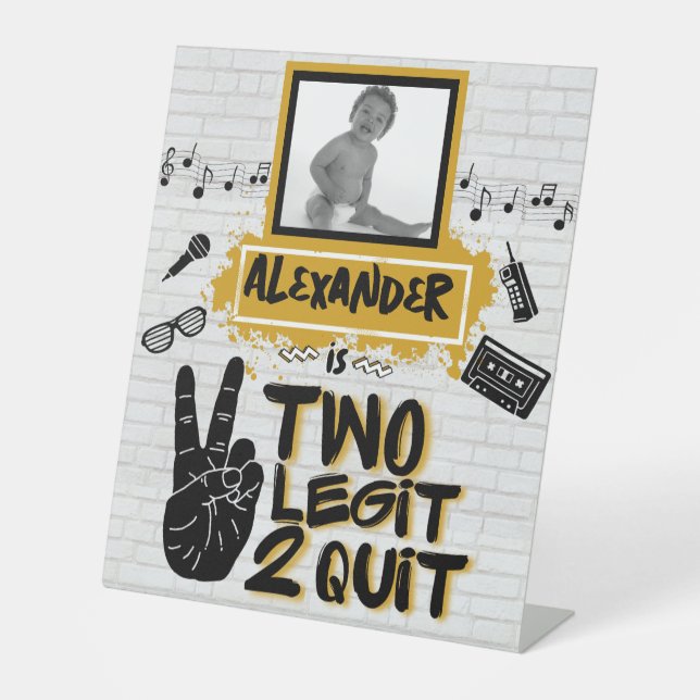 Two Legit Retro 90's Hip Hop 2nd Birthday Photo Pedestal Sign (Front)