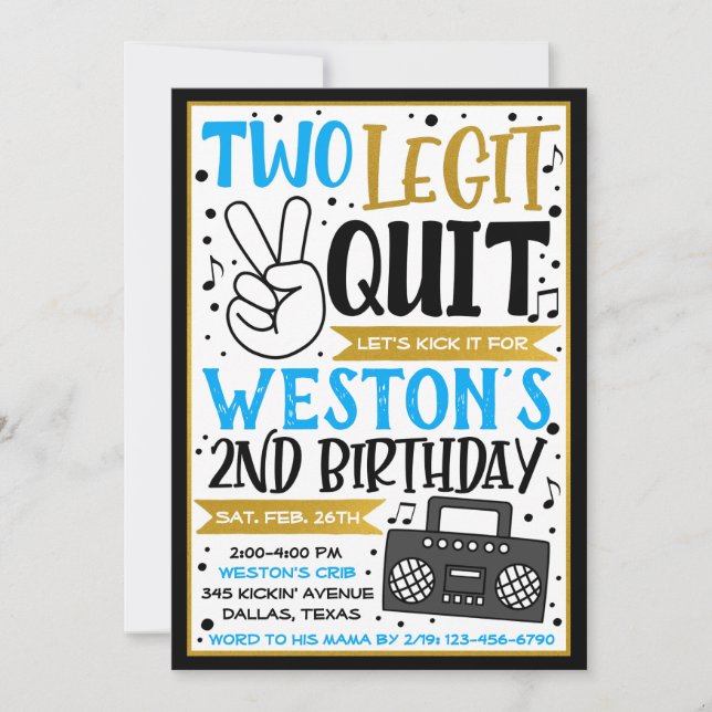 Two Legit to Quit Invitation, 2nd Birthday Invite (Front)