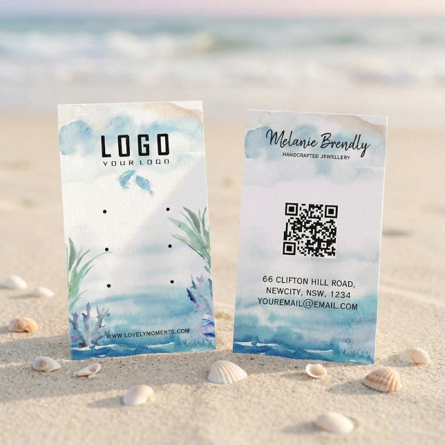 Two Less Fish in The Sea Summer Earring Display Business Card (#WatercolorDesign
#JewelryBranding
#SmallBusinessBrand
#ElegantBusinessCard
#HandmadeBrand
#Minimal)
