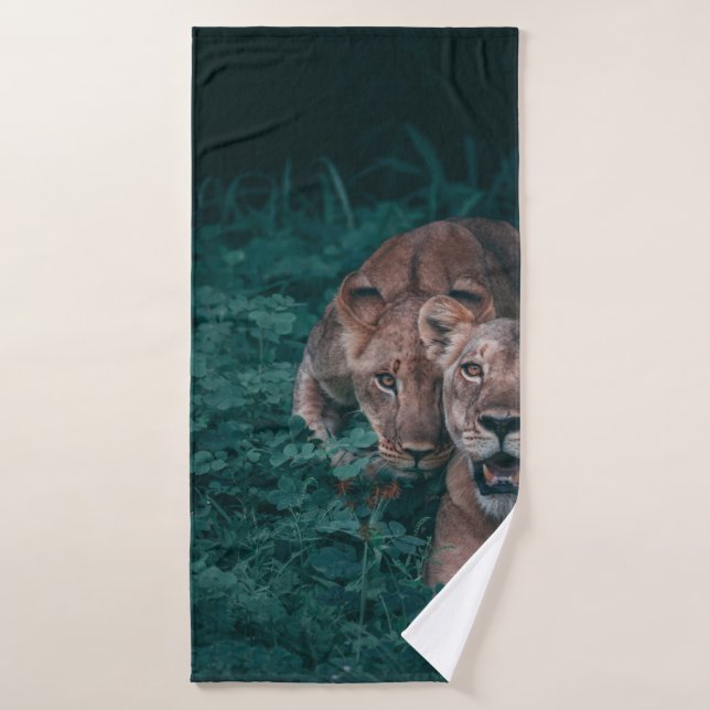 TWO LIONESS ON GREEN PLANTS BATH TOWEL (Bath Towel)