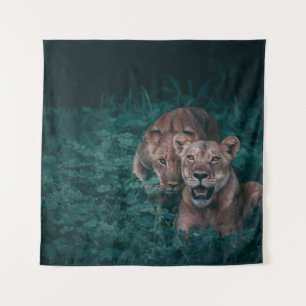 TWO LIONESS ON GREEN PLANTS TAPESTRY