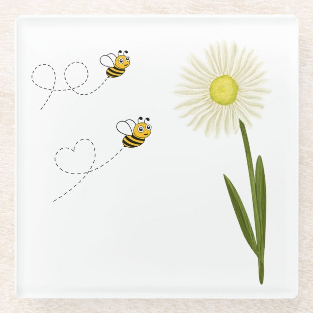 Two little and cute bees glass coaster (Front)