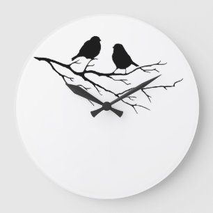 Two Little Bird Black and White Sparrows, Nature Large Clock