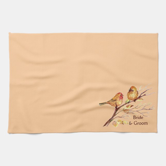 Two Little Bird Sparrows Peach Brown Rustic Nature Tea Towel (Horizontal)