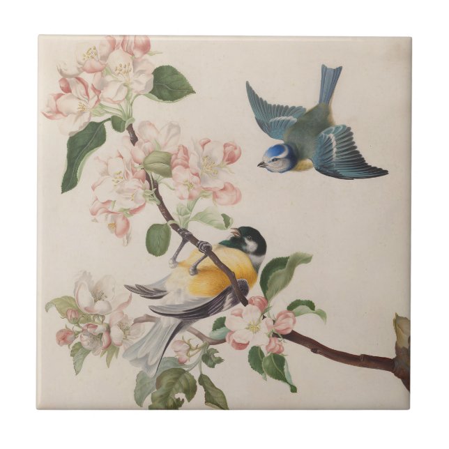 Two little birds near a branch of apple blossoms,  ceramic tile (Front)