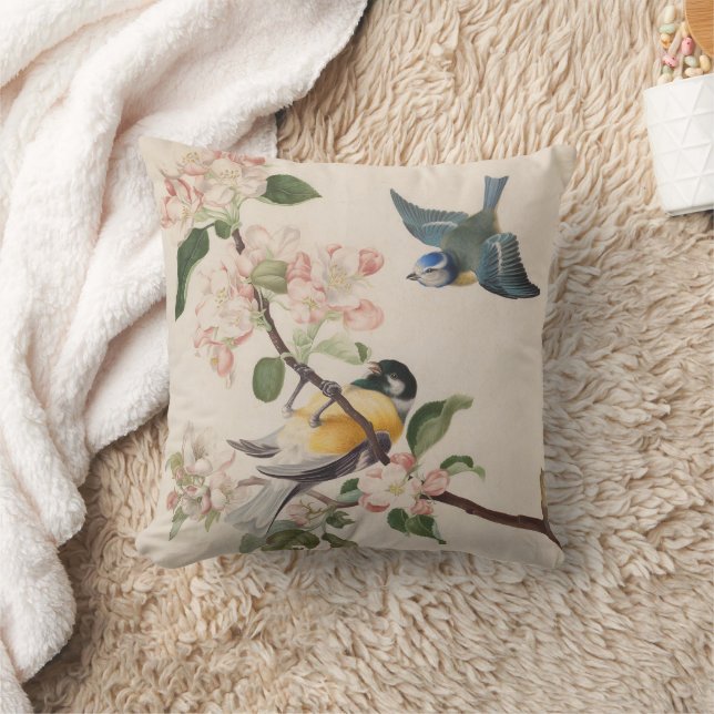 Two little birds near a branch of apple blossoms,  cushion (Blanket)