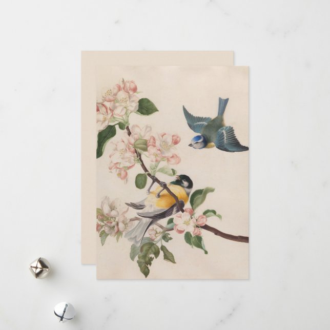 Two little birds near a branch of apple blossoms,  holiday card (Front/Back In Situ)