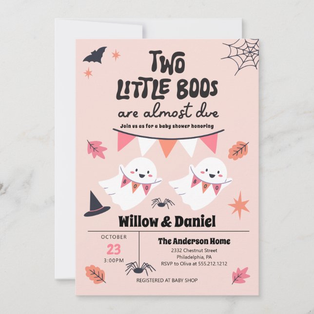 Two Little Boos are Almost Due Twins Shower Invitation (Front)