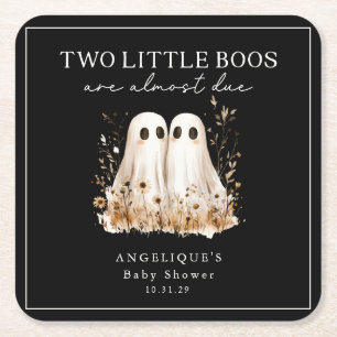 Two Little Boos Ghosts Wildflower Baby Shower  Square Paper Coaster