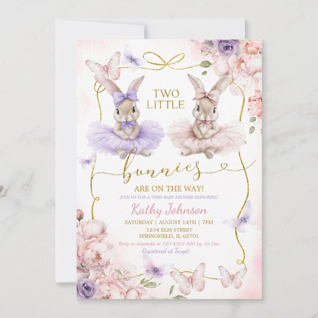 Two Little Bunnies Twins Floral Girl Baby Shower Invitation (Front)