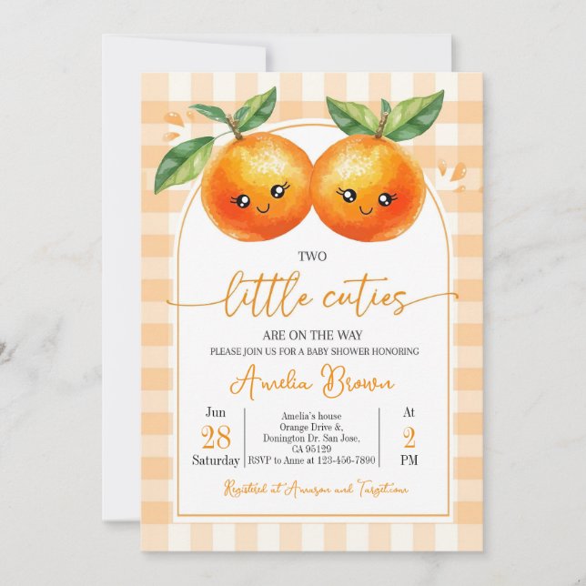 Two Little Cuties are on the Way Invitation Orange (Front)