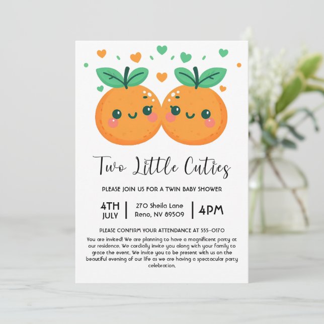 Two Little Cuties are on The Way Twins Baby Shower Invitation (Standing Front)