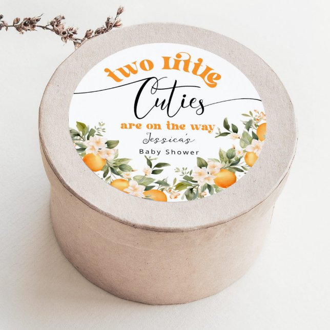 Two little cuties baby shower oranges classic round sticker (Creator Uploaded)