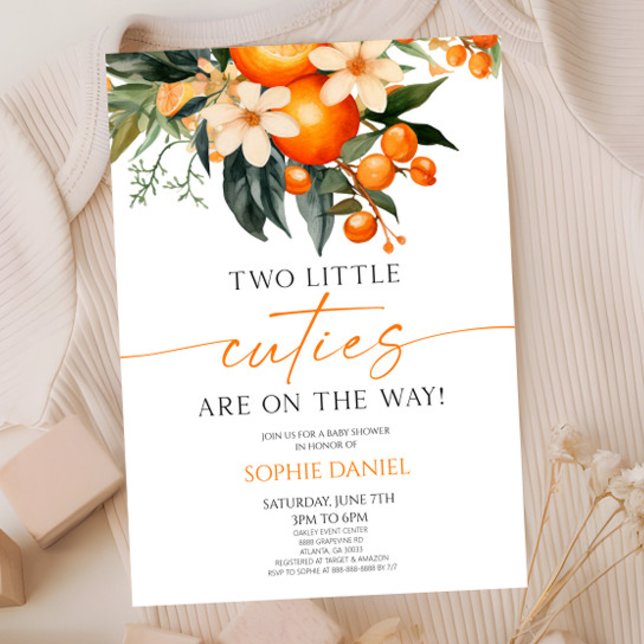 Two Little Cuties Orange Floral Twins Baby Shower Invitation (Creator Uploaded)