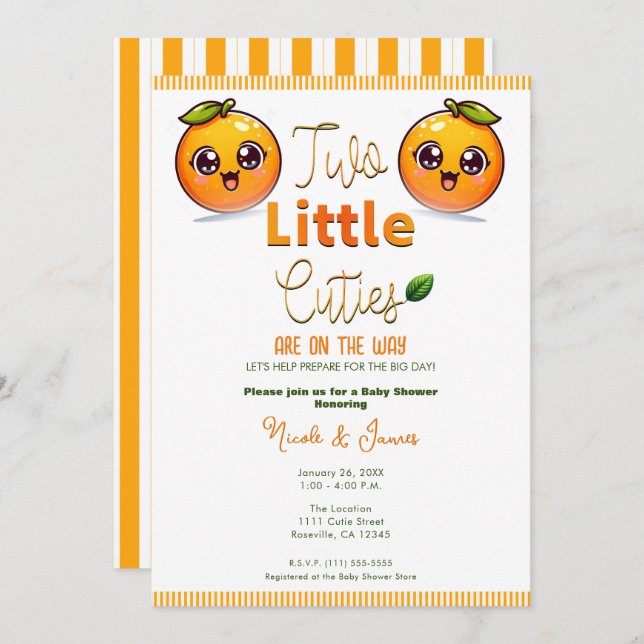 Two Little Cuties Orange Twins Baby Shower Invitation (Front/Back)