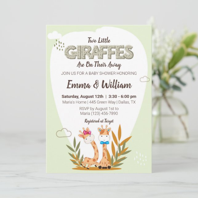 two little giraffes Watercolor giraffe baby shower Invitation (Standing Front)