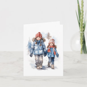 Two Little Girls Walking in the Snow. Blank Card
