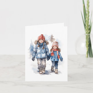 Two Little Girls Walking in the Snow. Blank Card
