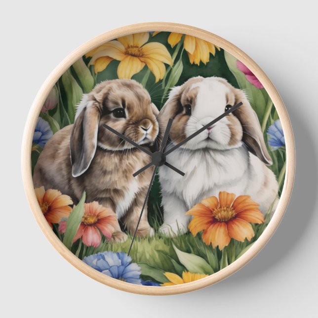 Two Little Lop Bunny rabbits Clock (Front)