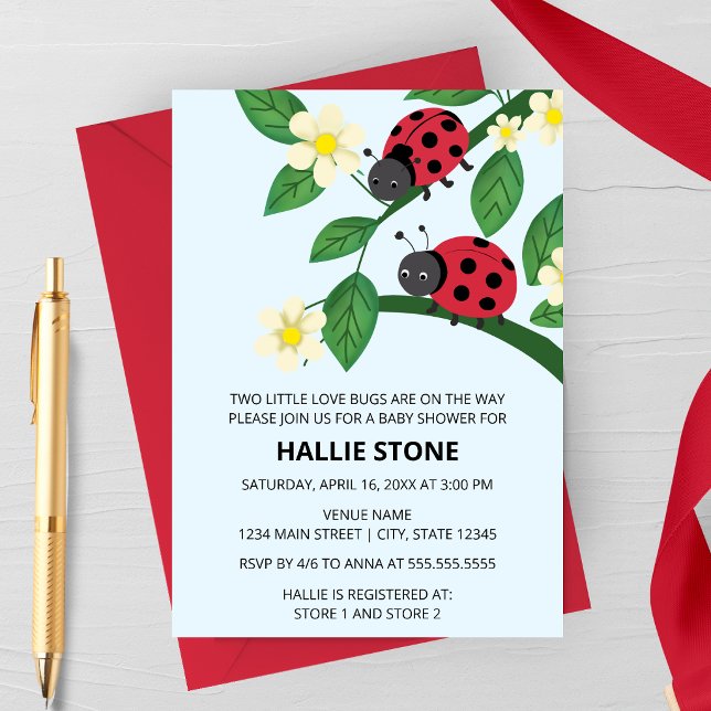 Two Little Love Bugs Ladybug Baby Shower Invitation (Two Little Love Bugs Ladybug Baby Shower Invite | Floral Garden Twin Shower Invitation)