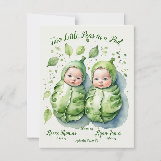 Two Little Peas Twins Birth Announcement (Front)
