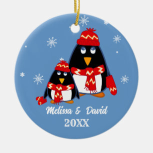 Two Little Penguins Custom Christmas Ceramic Tree Decoration