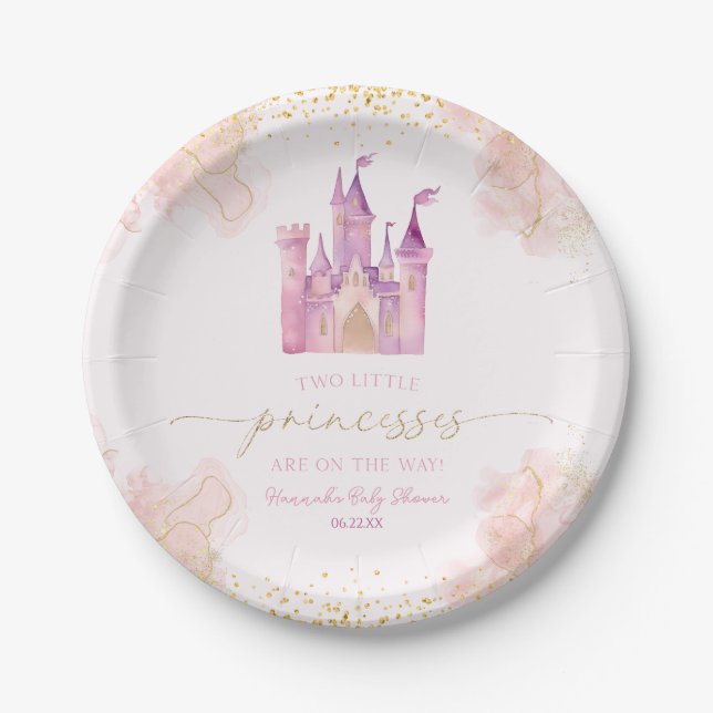 Two Little Princesses Castle Twins Baby Shower Paper Plate (Front)