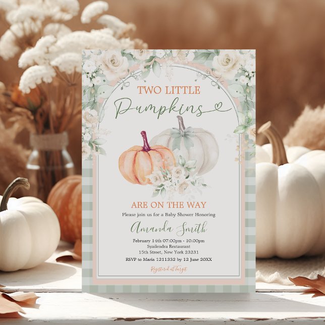 Two Little Pumpkin Sage Green & Orange Baby Shower Invitation (Creator Uploaded)