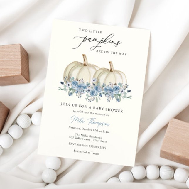Two Little Pumpkins Blue Baby Shower Invitation (Creator Uploaded)