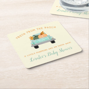 Two Little Pumpkins Farm Truck Fall Baby Shower Square Paper Coaster