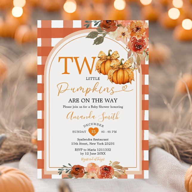Two Little Pumpkins Orange Gingham Baby Shower Invitation (Creator Uploaded)
