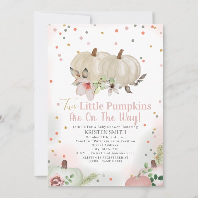 Two Little Pumpkins Pink Floral Girl Baby Shower Invitation (Front)