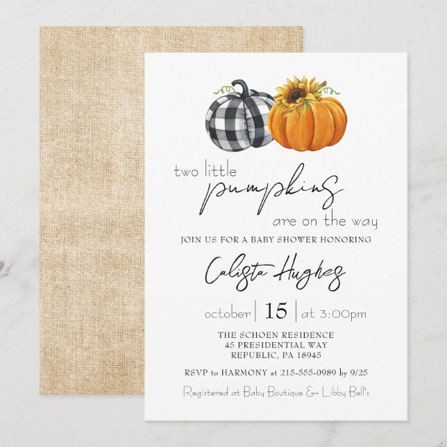 Two Little Pumpkins Sunflower Twins Baby Shower Invitation (Front/Back)