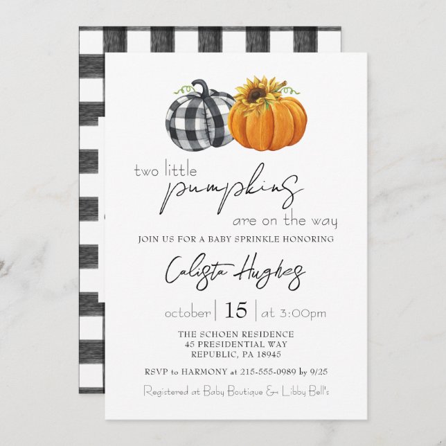 Two Little Pumpkins Sunflower Twins Baby Sprinkle  Invitation (Front/Back)