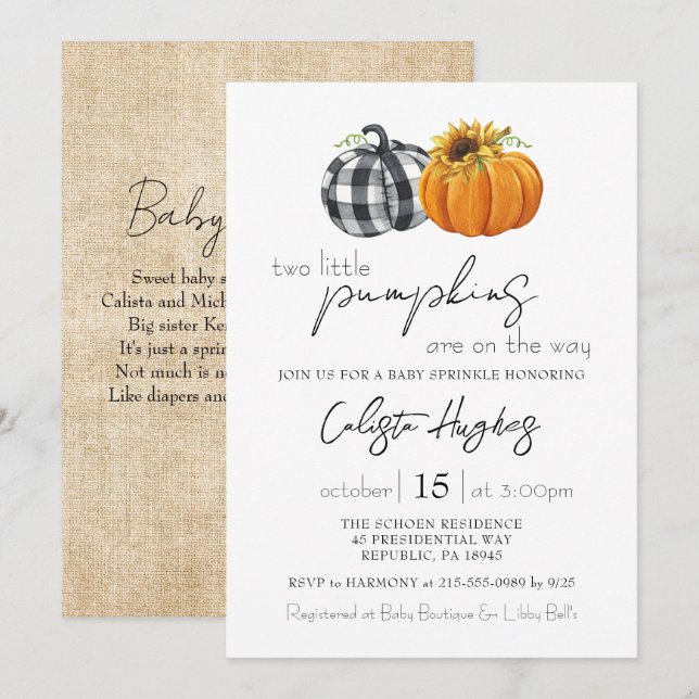 Two Little Pumpkins Sunflower Twins Baby Sprinkle Invitation (Front/Back)