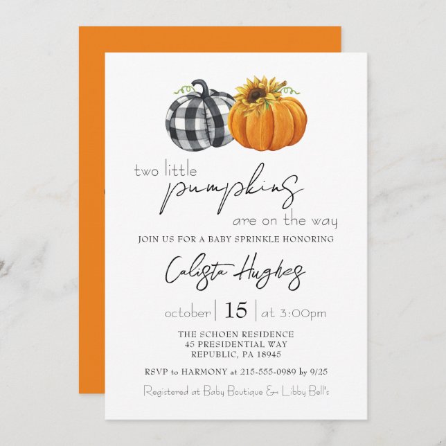 Two Little Pumpkins Sunflower Twins Baby Sprinkle  Invitation (Front/Back)
