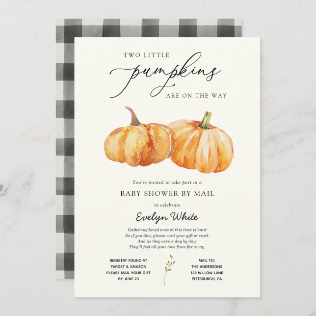 Two Little Pumpkins Twin Baby Shower by Mail Invitation (Front/Back)