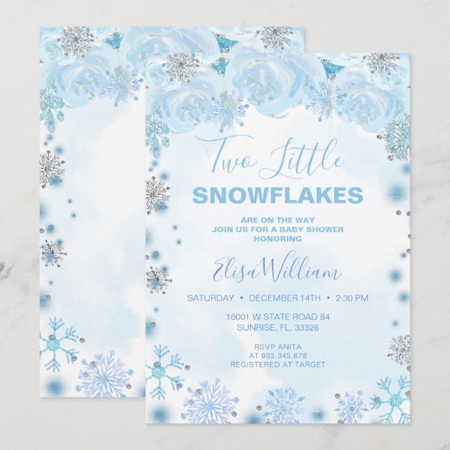 Two little Snowflakes are on the way Baby Shower Invitation (Front/Back)