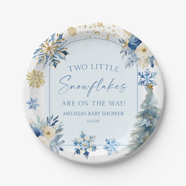 Two Little Snowflakes Winter Twins Baby Shower  Paper Plate (Front)