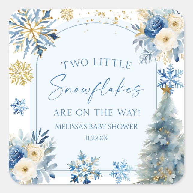 Two Little Snowflakes Winter Twins Baby Shower  Square Sticker (Front)